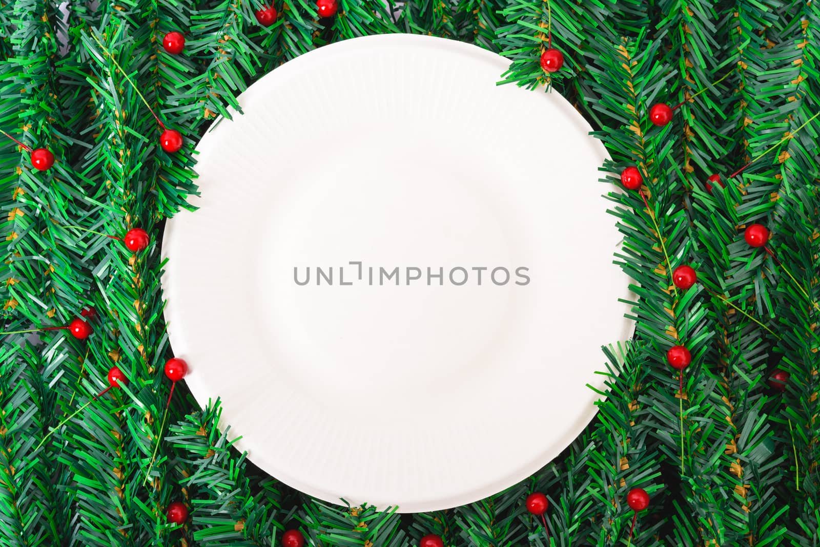 Happy New Year and Christmas day, top view flat lay composition decoration branches tree, white round on white background with copy space for your text