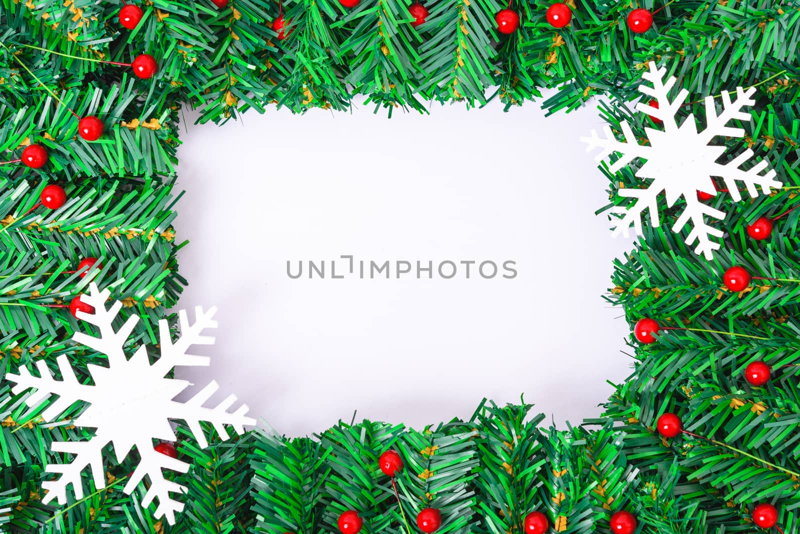 Happy New Year and Christmas day, top view flat lay composition decoration branches tree on white background with copy space for your text