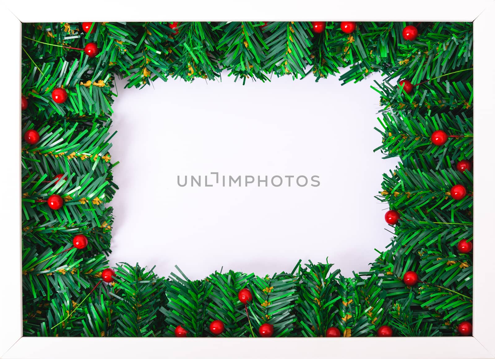 Happy New Year and Christmas day, top view flat lay composition decoration branches tree on white background with copy space for your text