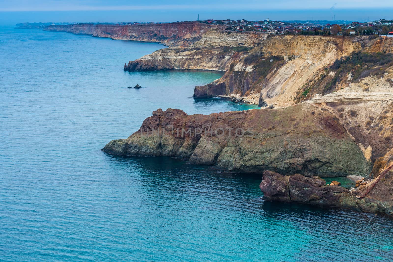 Picturesque rocky coast of the sea, coast of the Crimean peninsula, Russia