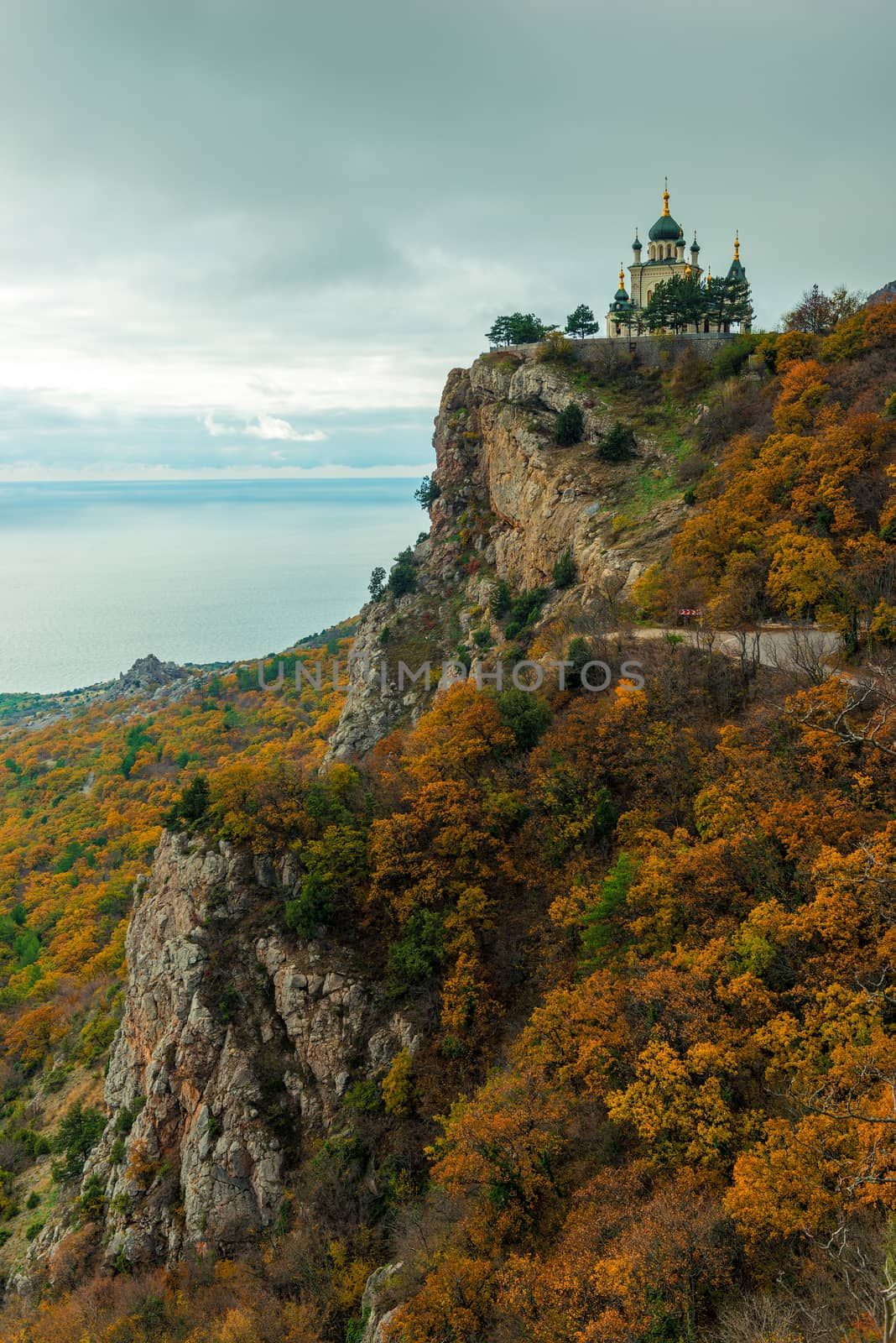 Autumn landscape, view of Foros church in Crimea against the background of the Black Sea, Russia. Temple of the Resurrection of Christ.