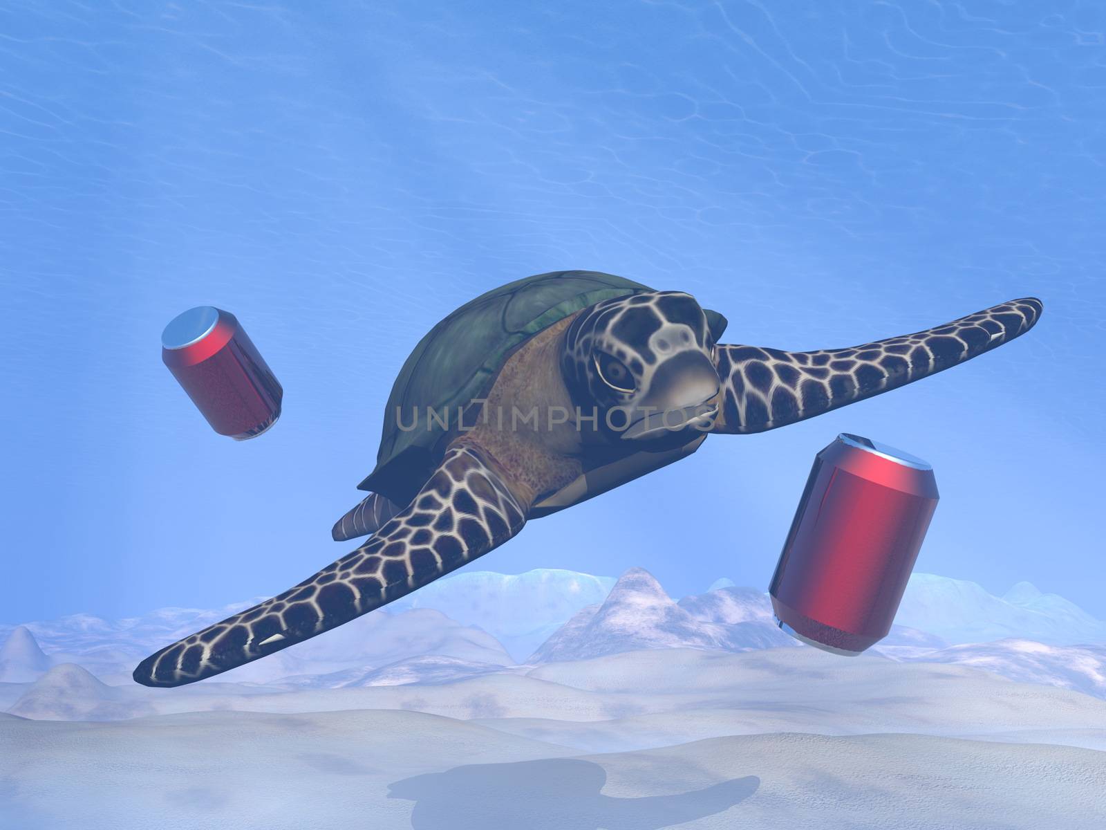 Environmental problem of pollution in the oceans with a turtle - 3D render