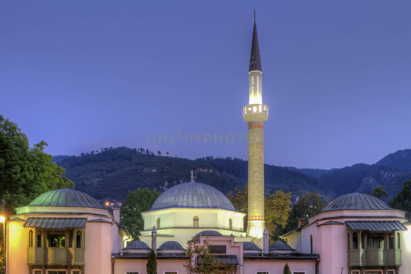 Emperor's Mosque in Sarajevo on the banks of the Milyacka River by night, Bosnia and Herzegovina
