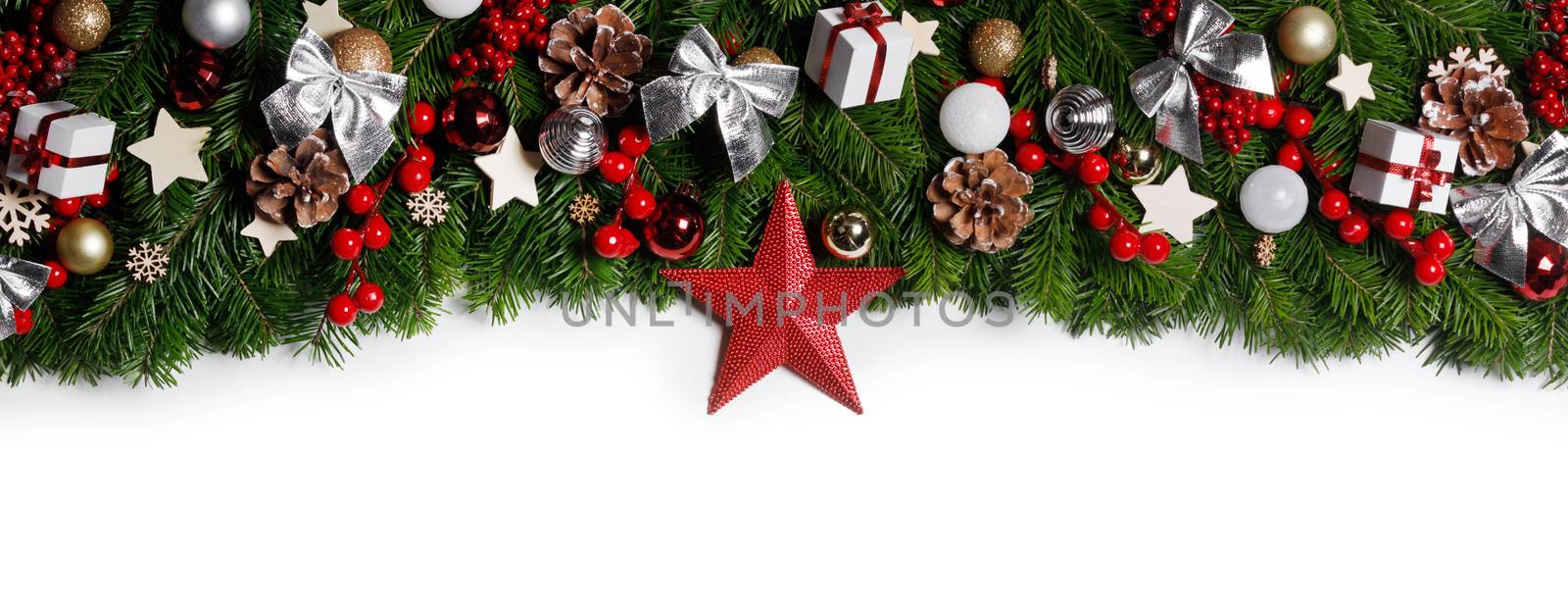 Christmas New year decoration frame isolated on white , fir tree branches , red baubles and pine cones , wooden decor , red berries , copy space for text
