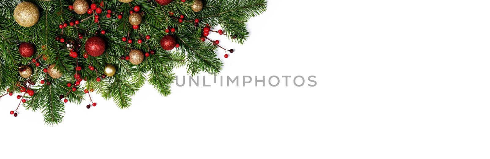 Christmas New year decoration frame isolated on white , fir tree branches , red and golden baubles , copy space for text