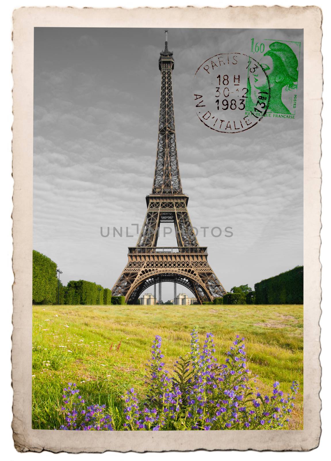 old postcard of Eiffel Tower
