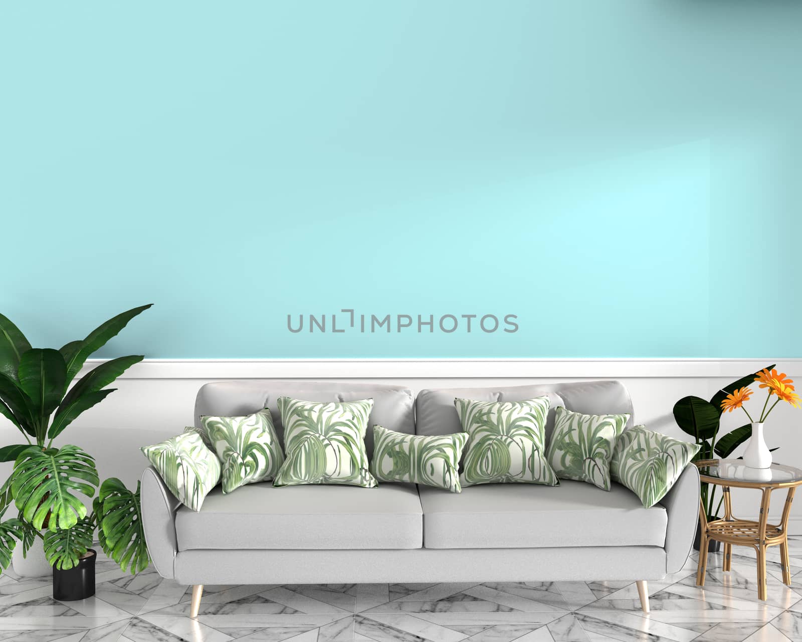tropical design,armchair,plant,cabinet on granite floor and mint background.3 d rendering