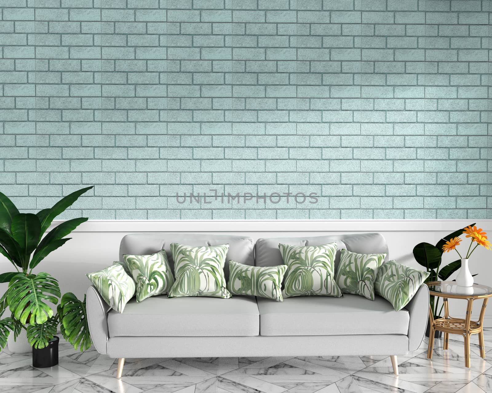 Tropical Loft interior mock up with sofa and decoration and mint brick wall on granite floor .3D rendering
