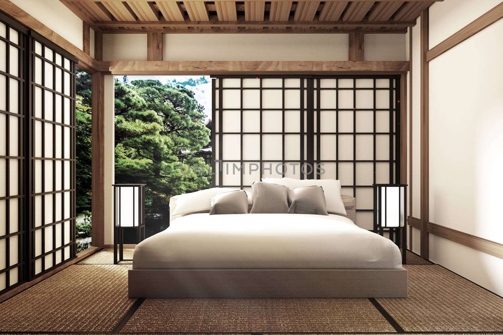 Traditional Japanese style bedroom .3D rendering