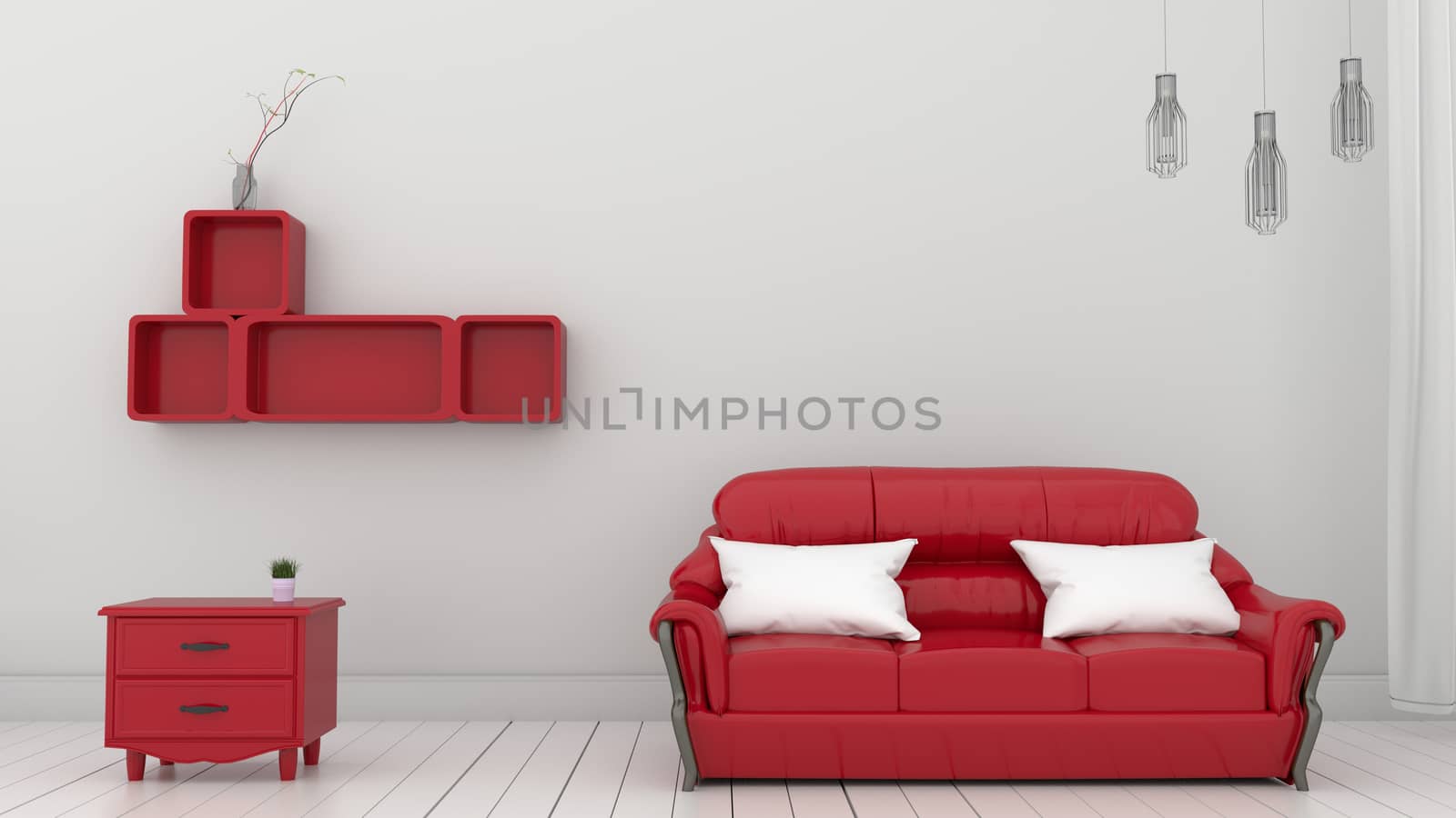 Interior with red sofa lamp on white wall background. 3d rendering