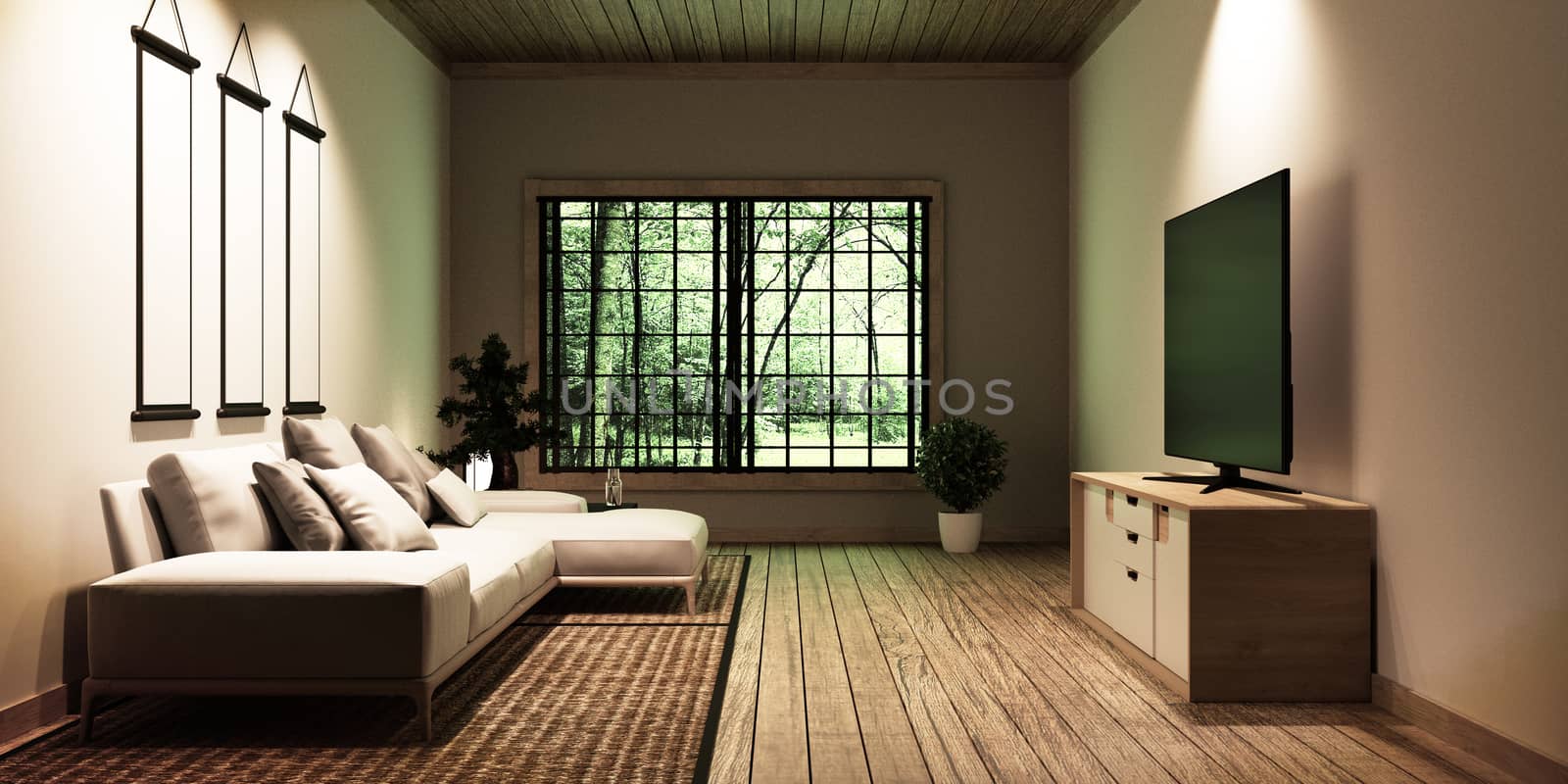 TV in modern white empty room interior,Designed for Japanese style lovers. 3D rednering