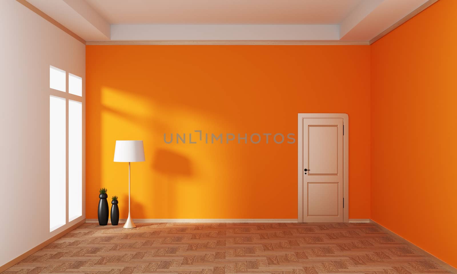 Orange empty room on wooden floor. 3D rendering