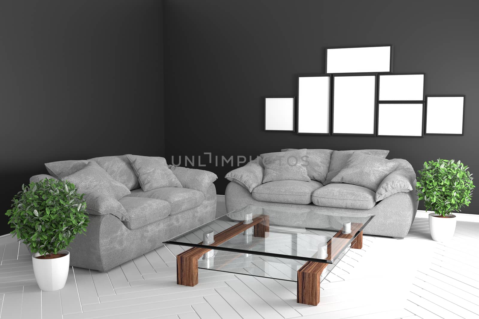 Black room interior - modern tropical style concept with black sofa and plants in white floor on black wall ground. 3d rendering