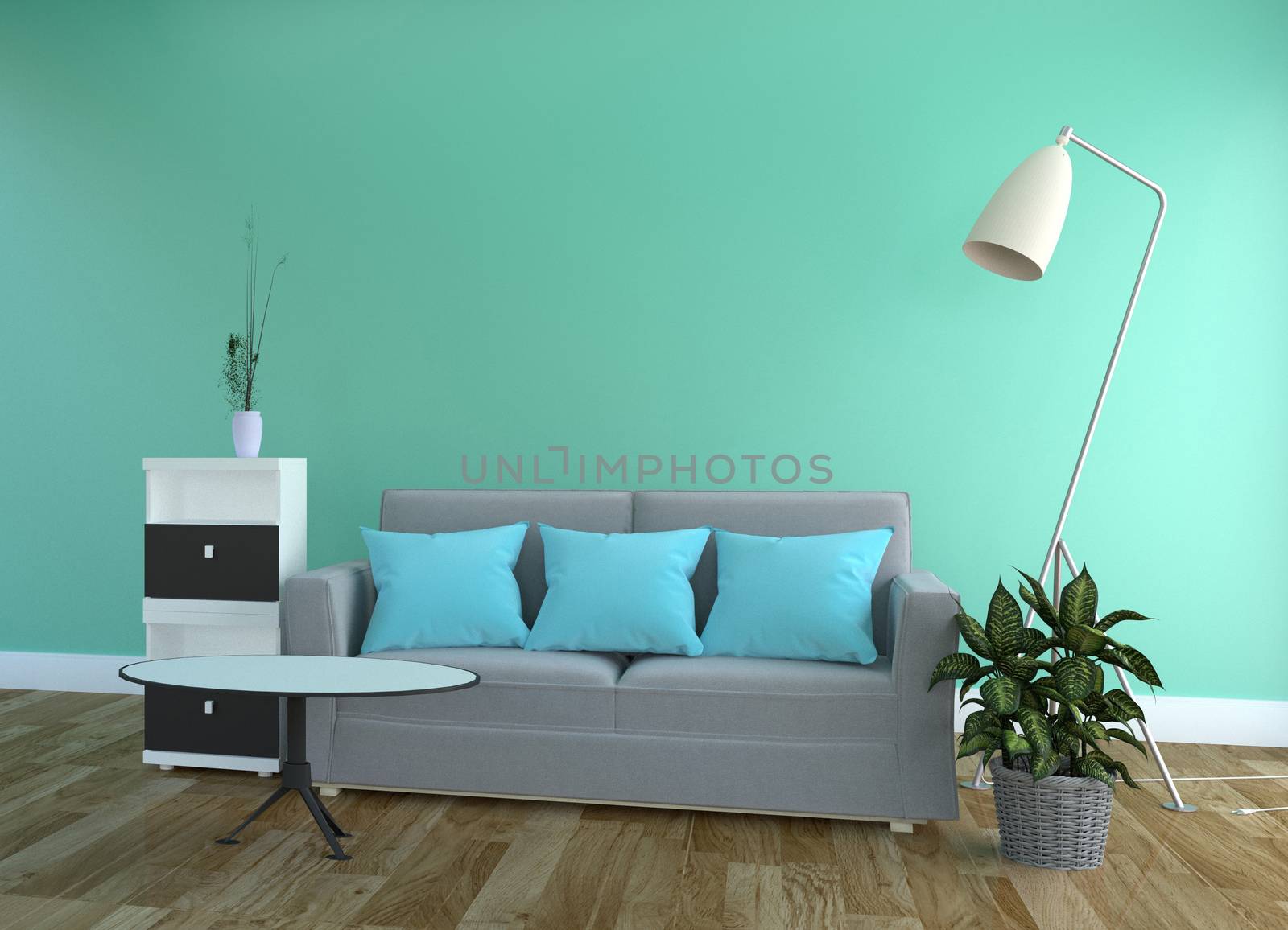 Green mint wall - Living room interior with sofa on wood floor. 3D rendering