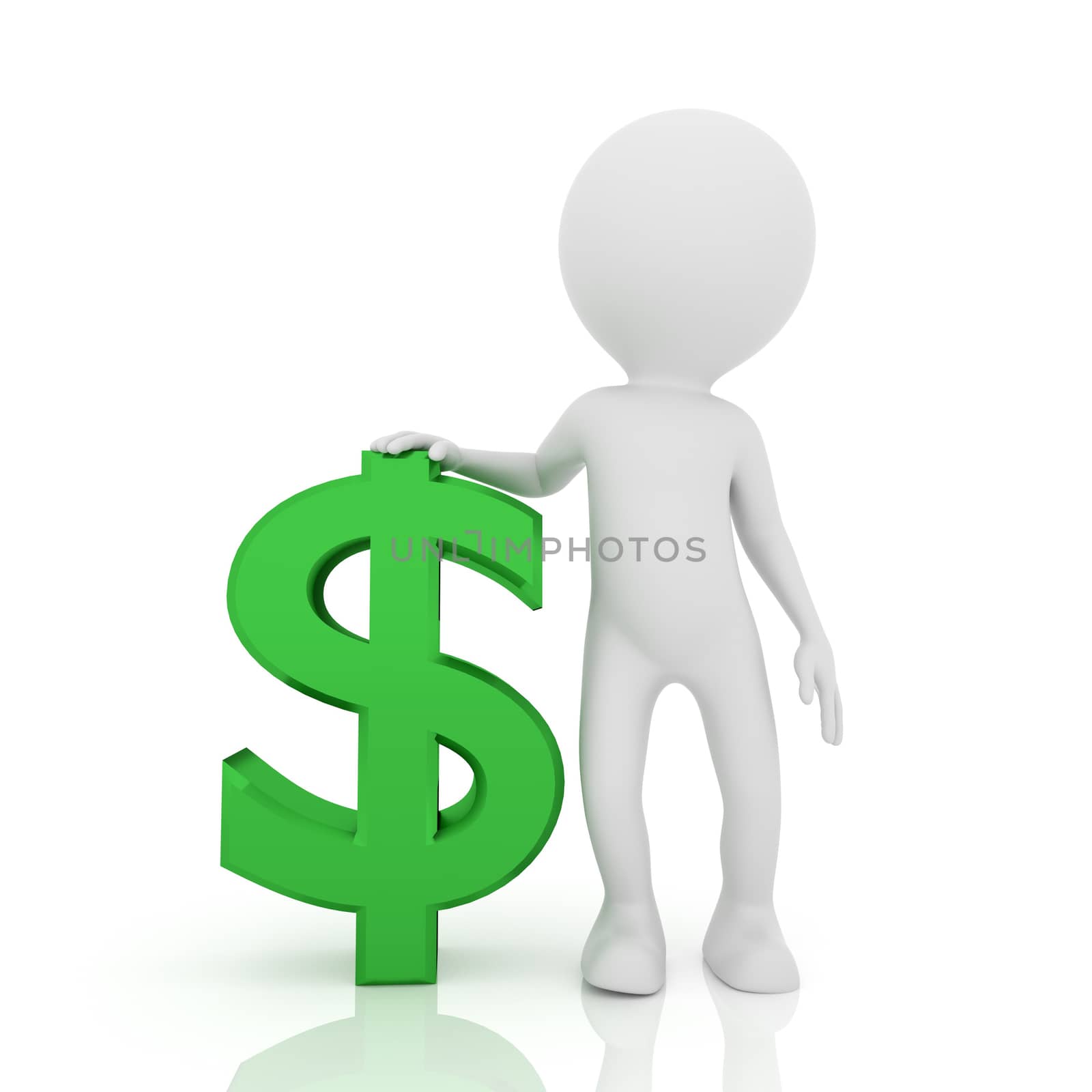 White people with dollar sign. Businessman concept on white background. 3D rendering