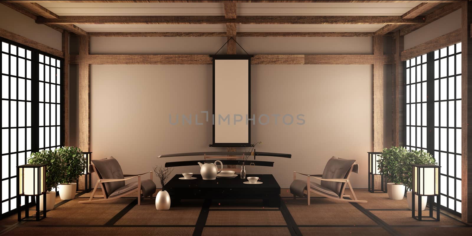 BIg roominterior design in modern living room with black low table ,lamp,vase, and decor Japanses style. 3D rendering