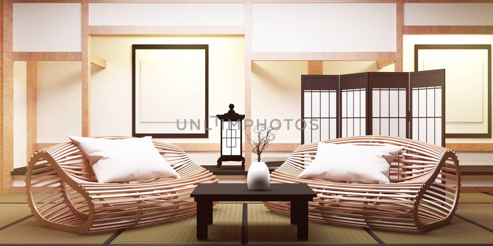 living room with table low ,wood floor and tatami mat. 3D rendering