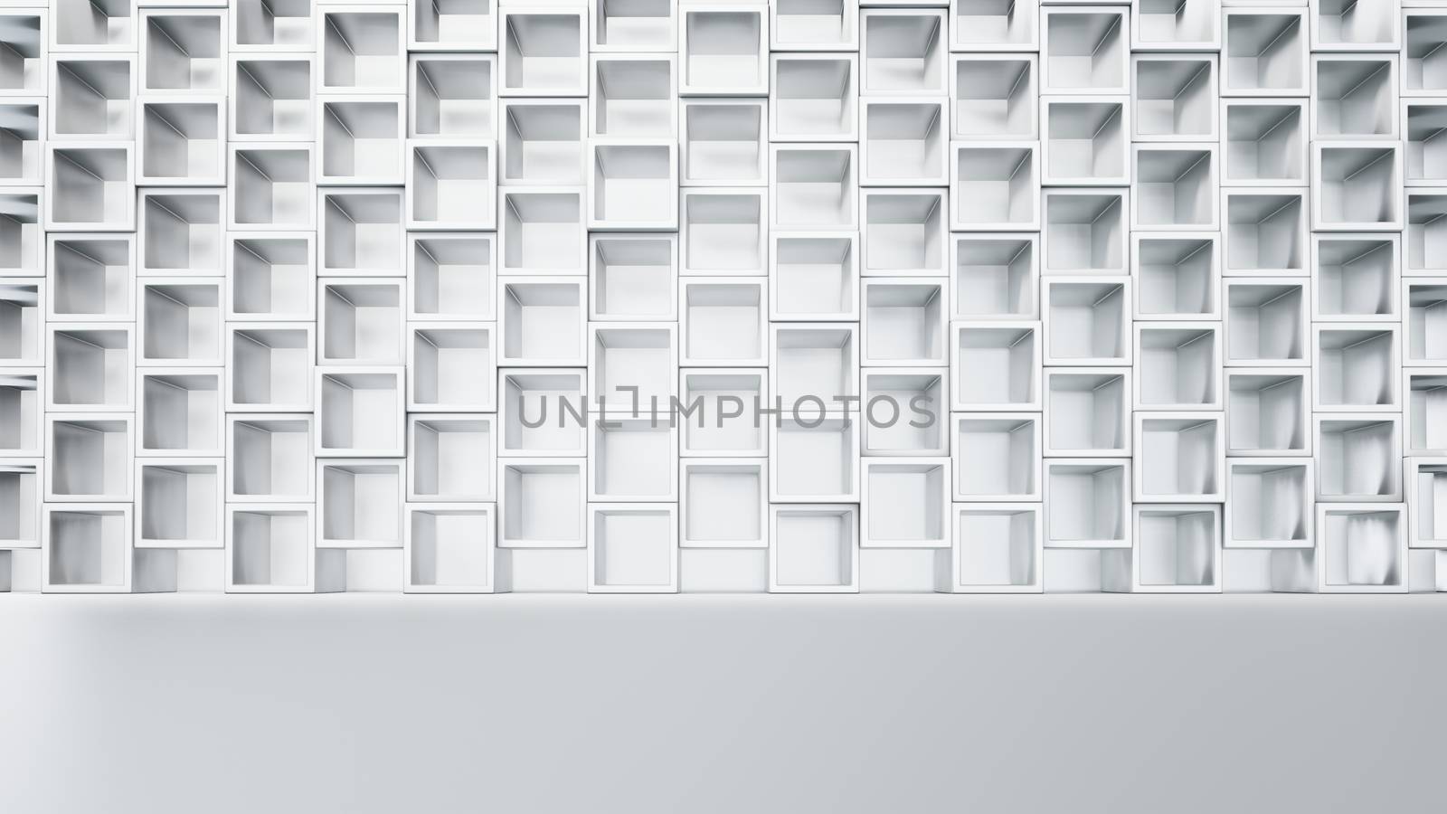 Empty white interior with cube shelves on the wall by cherezoff