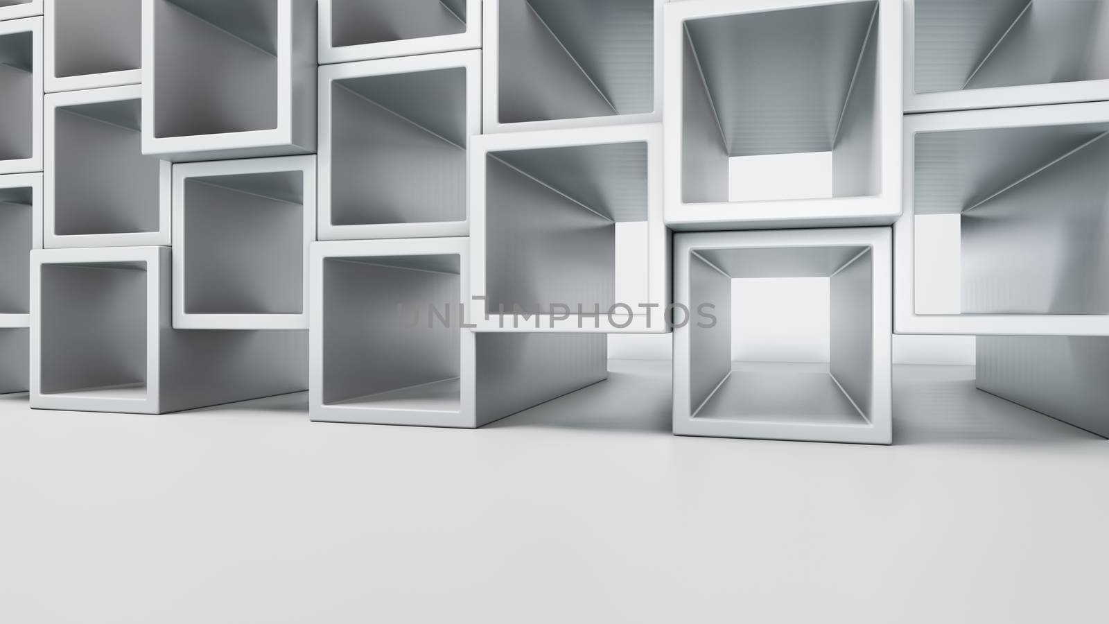 Empty white interior with cube shelves on the wall by cherezoff