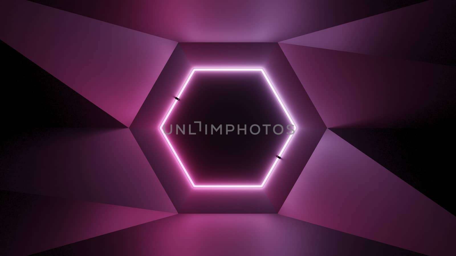 Abstract geometry lit by a neon magenta hexagonal lamp. Soft shadows. 3D illustration. The vanishing point of the wall geometry in the center of the image on the hex. Empty advertising space