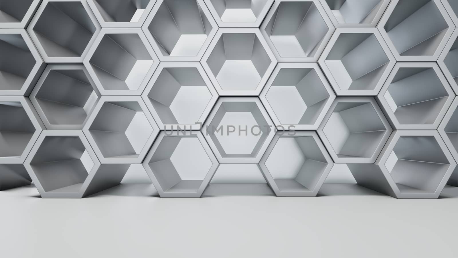 Empty white interior with hexagon shelves on the wall by cherezoff