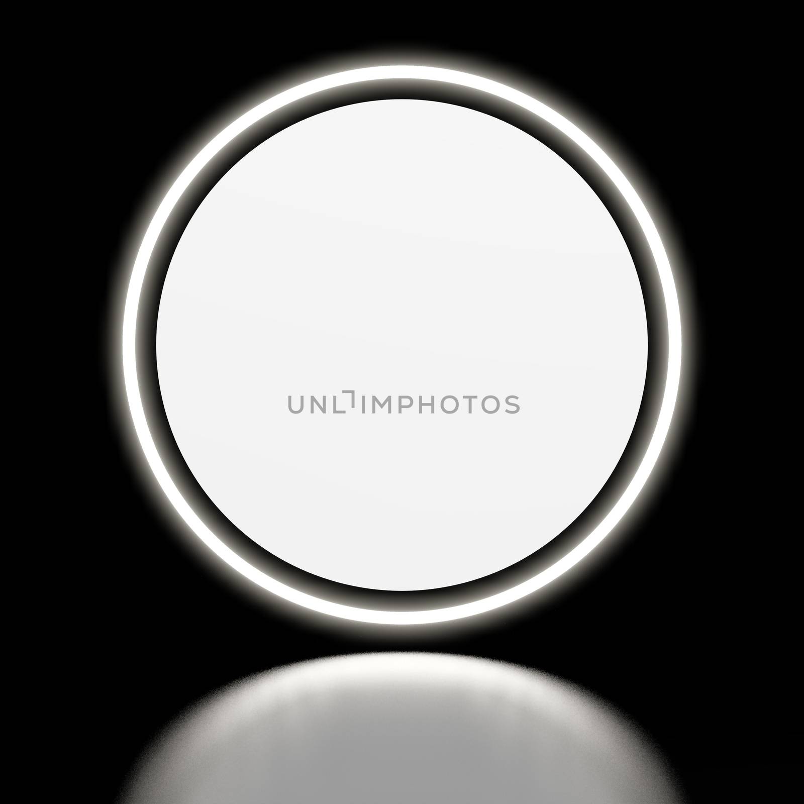 Neon white sign on a black background with a black mirror floor. White luminous circle and round white neon round lamp. 3D illustration. Template for advertising