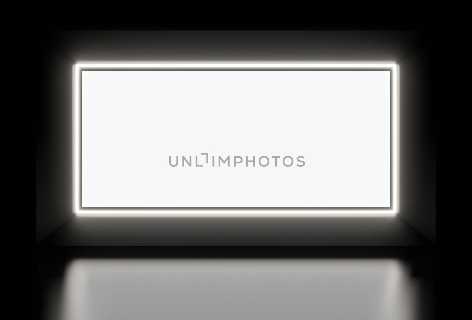 Neon white sign on a black background with a black mirror floor. White luminous rectangle and round white neon lamp. 3D illustration. Template for advertising