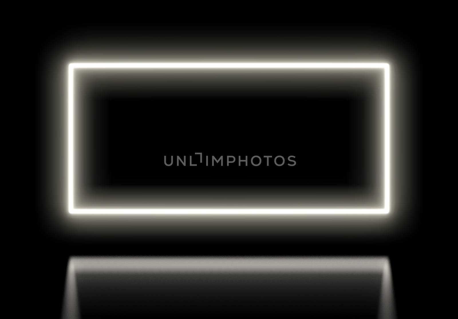 Neon white sign on a black background with a black mirror floor. White neon lamp. 3D illustration. Template for advertising