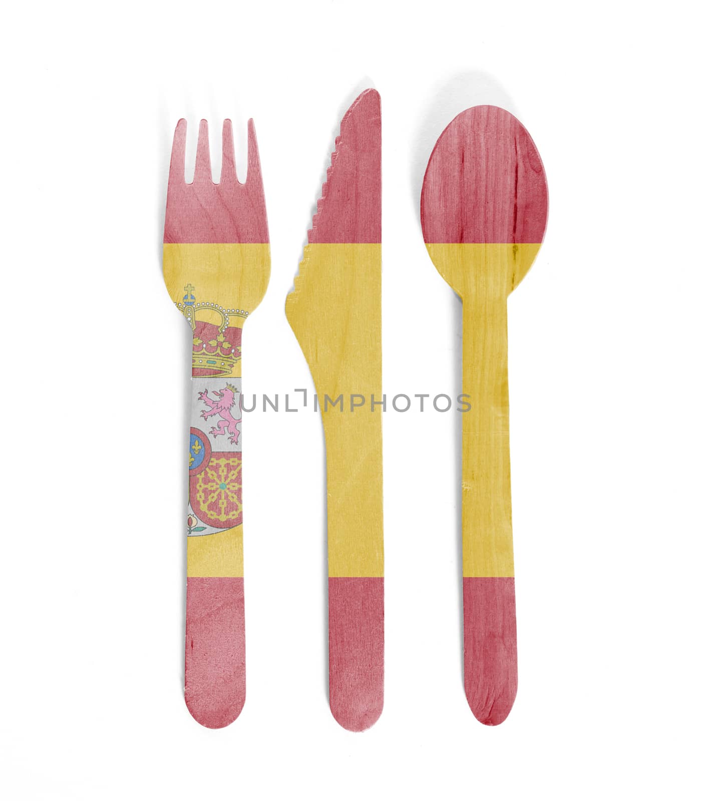 Eco friendly wooden cutlery - Plastic free concept - Isolated - Flag of Spain
