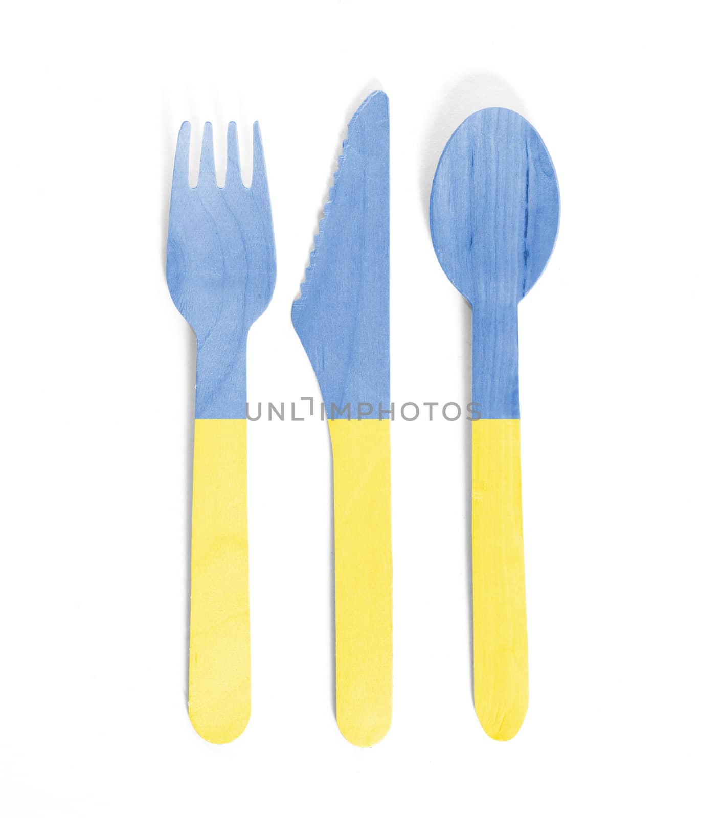 Eco friendly wooden cutlery - Plastic free concept - Isolated - Flag of Ukraine