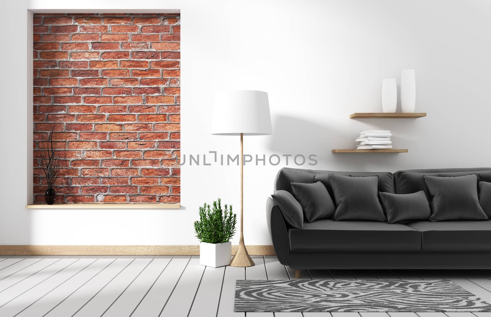 living room loft interior with sofa and Wall pattern brick in white wall. 3d rendering