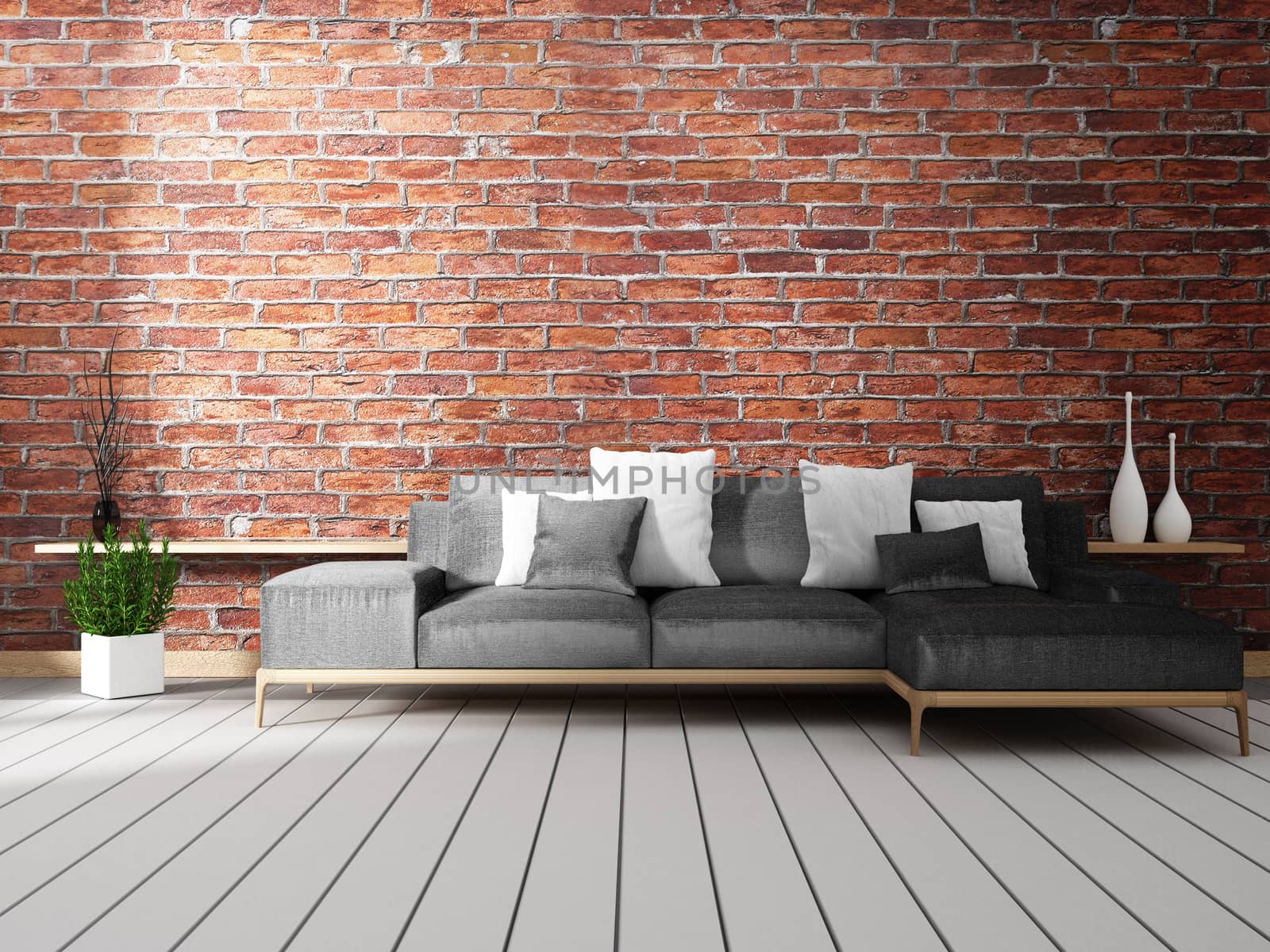 Loft interior mock up with sofa and decoration on white floor wooden.3D rendering