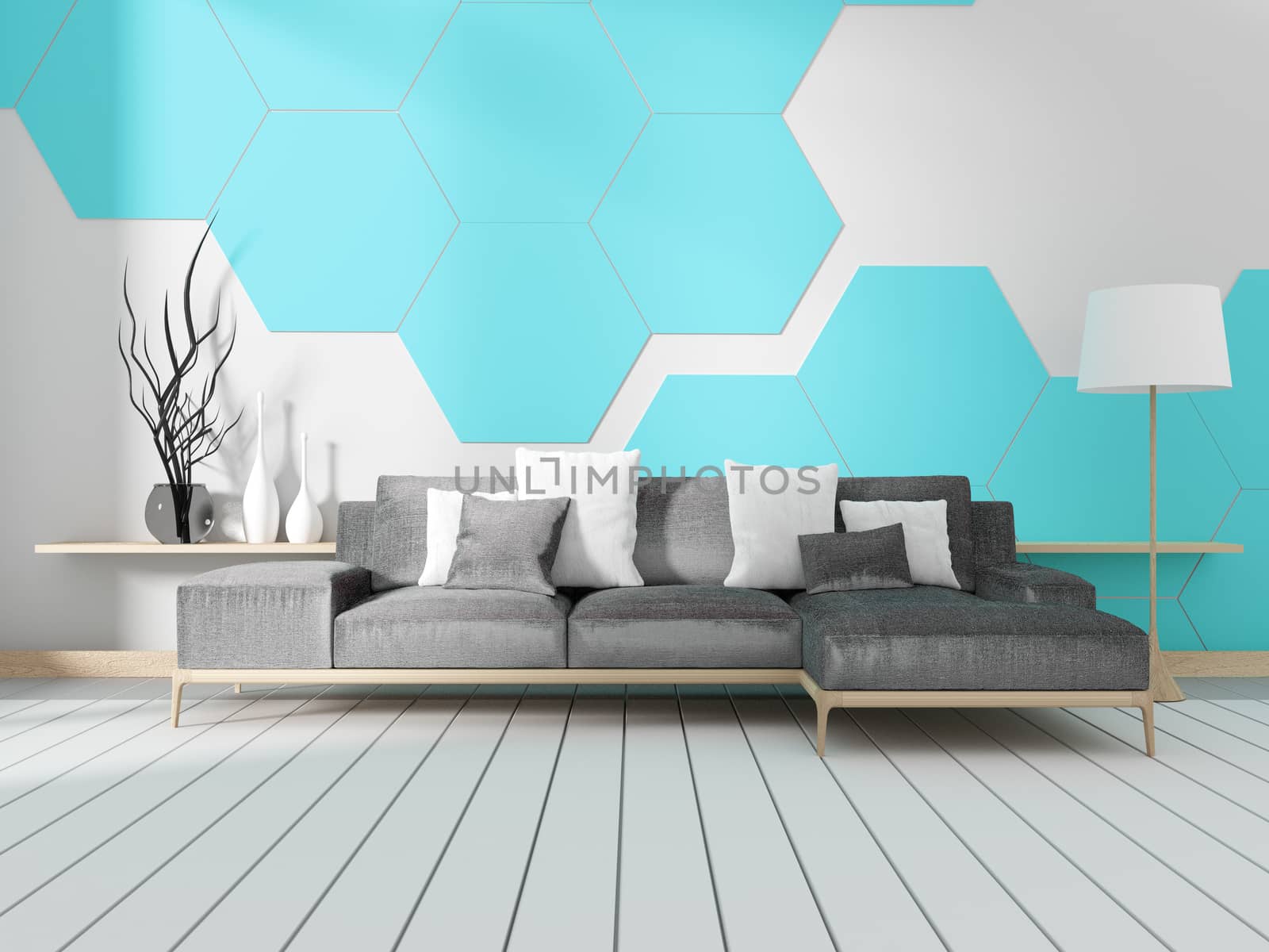 Room with sofa and white hexagonal tile wall. 3D renderin