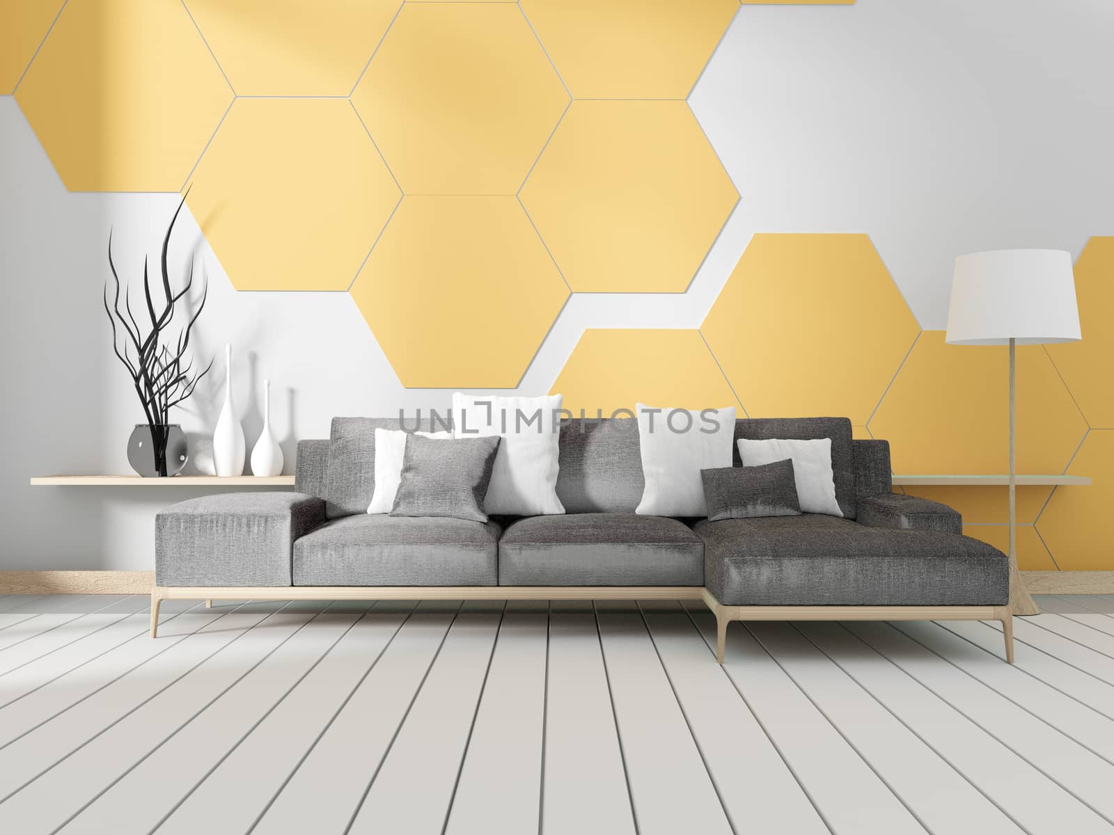 Room with sofa and white hexagonal tile wall. 3D rendering