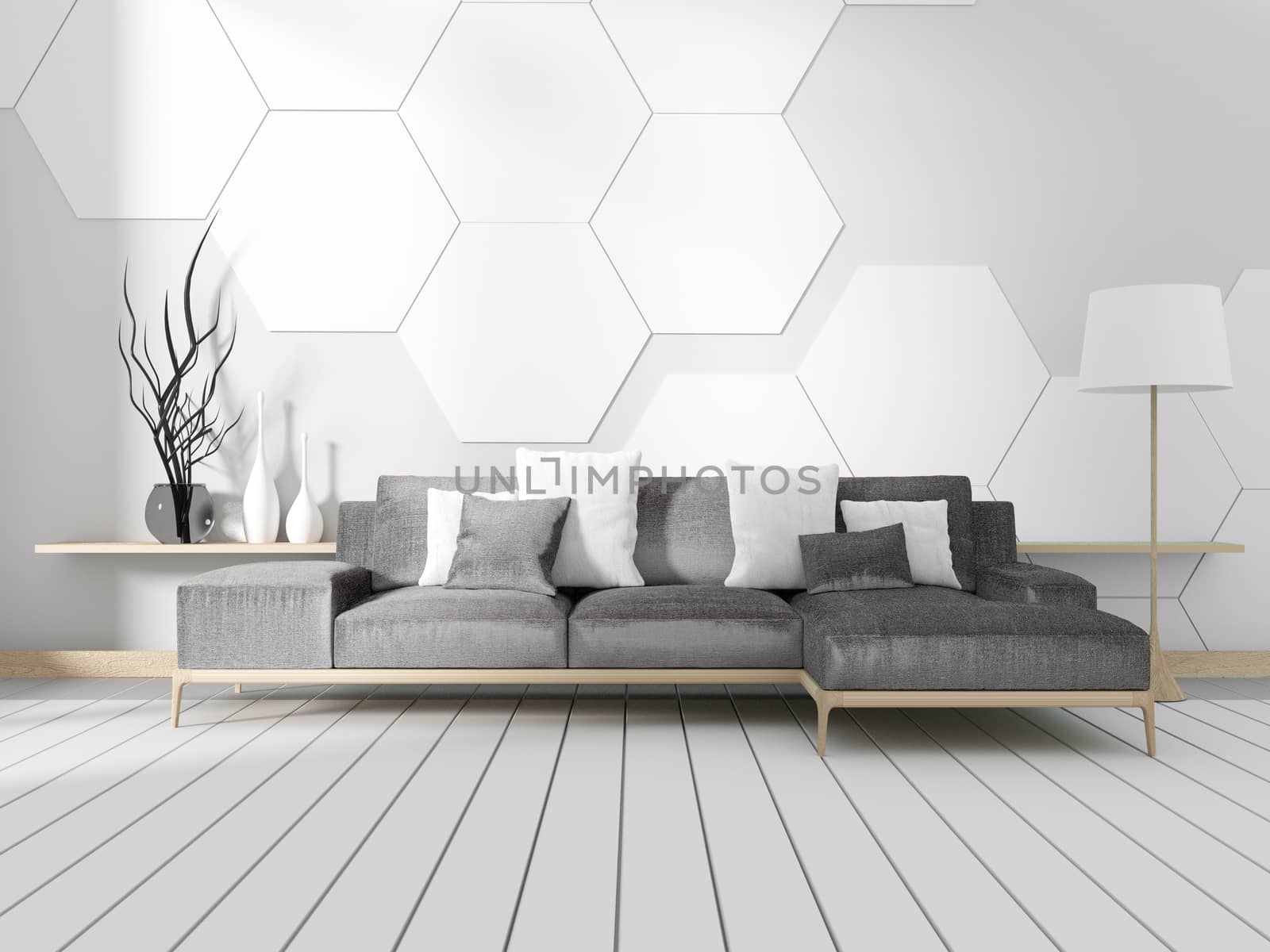 Room with sofa and white hexagonal tile wall. 3D rendering