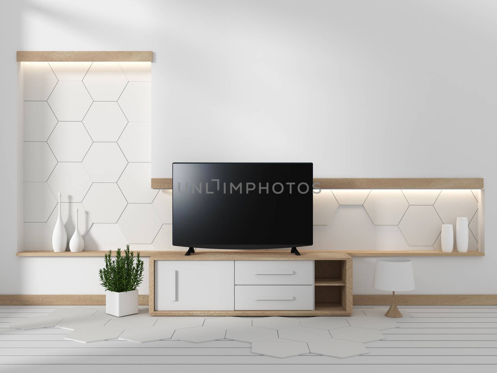 Smart TV on the cabinet in japanese living room with plants on hexagonal wall design background,3d rendering