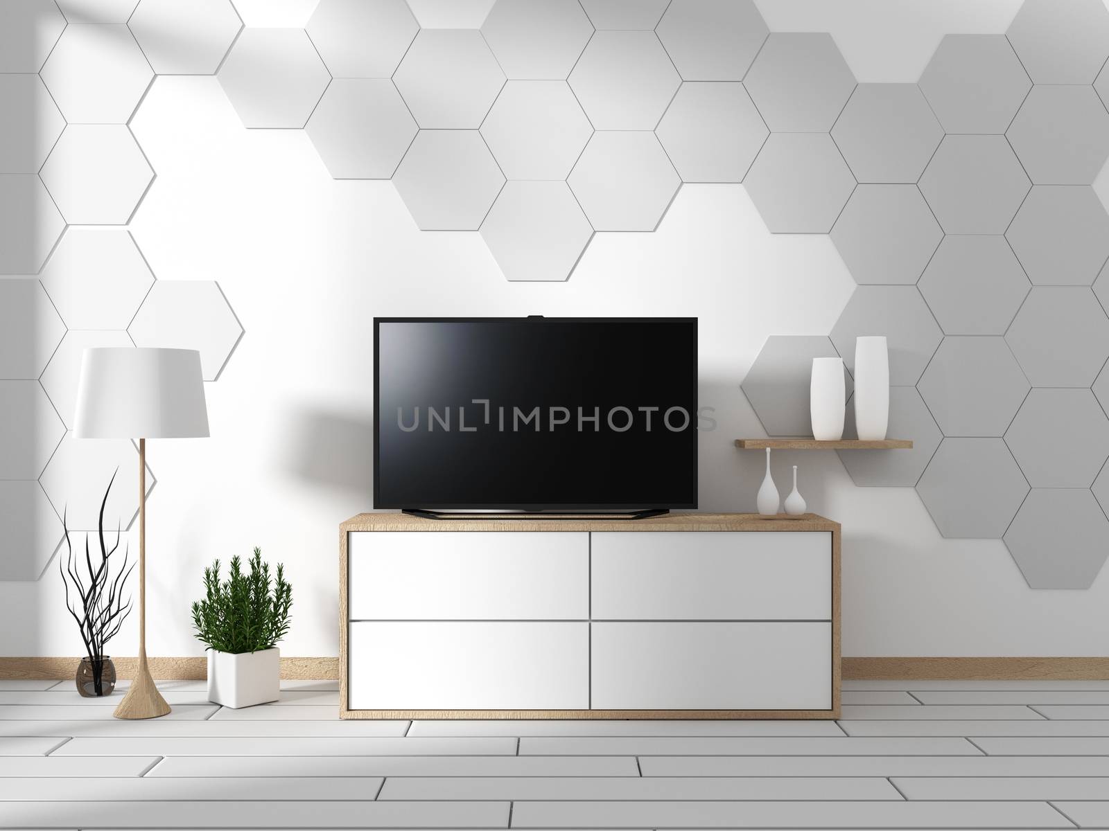 Smart Tv Mockup with blank black screen hanging on the cabinet decor, modern living room zen style. 3d rendering