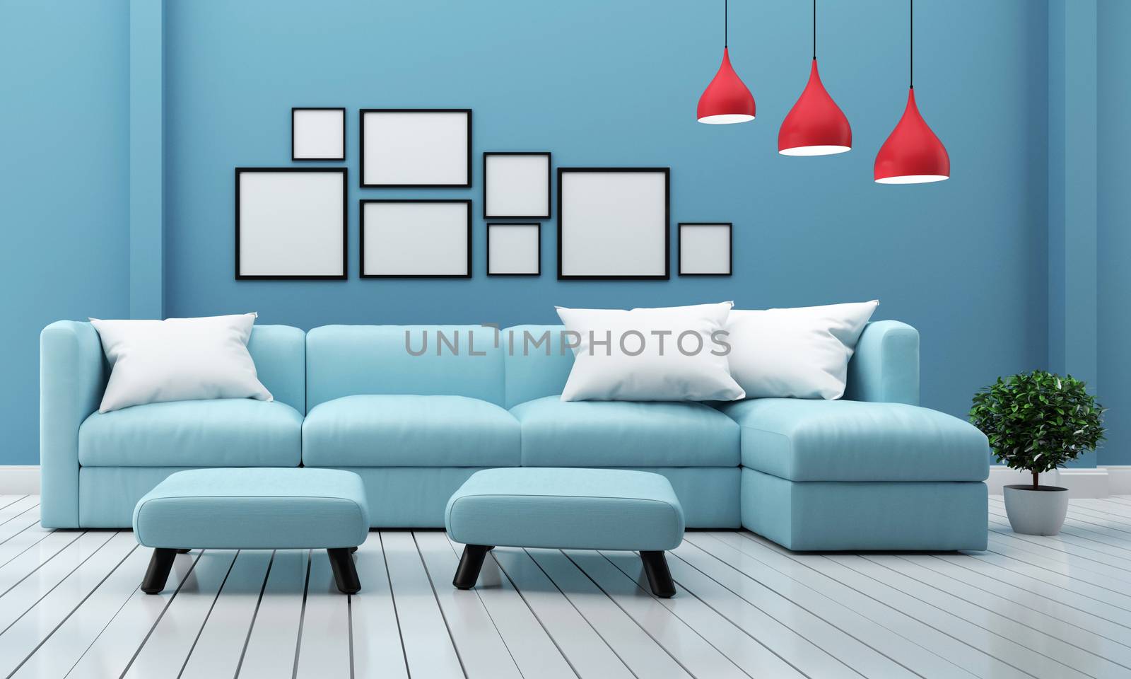 Minimal designs, living room interior with sofa plants and lamp on blue wall background. 3D rendering