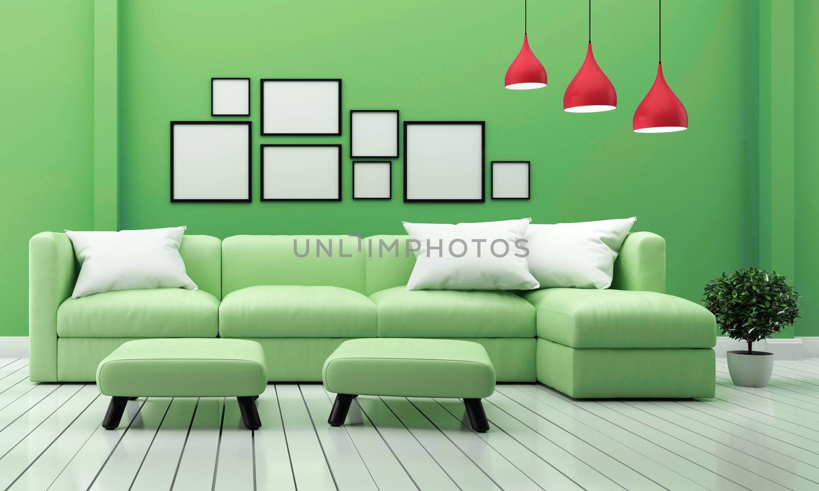 Minimal designs, living room interior with sofa plants and lamp on green wall background. 3D rendering