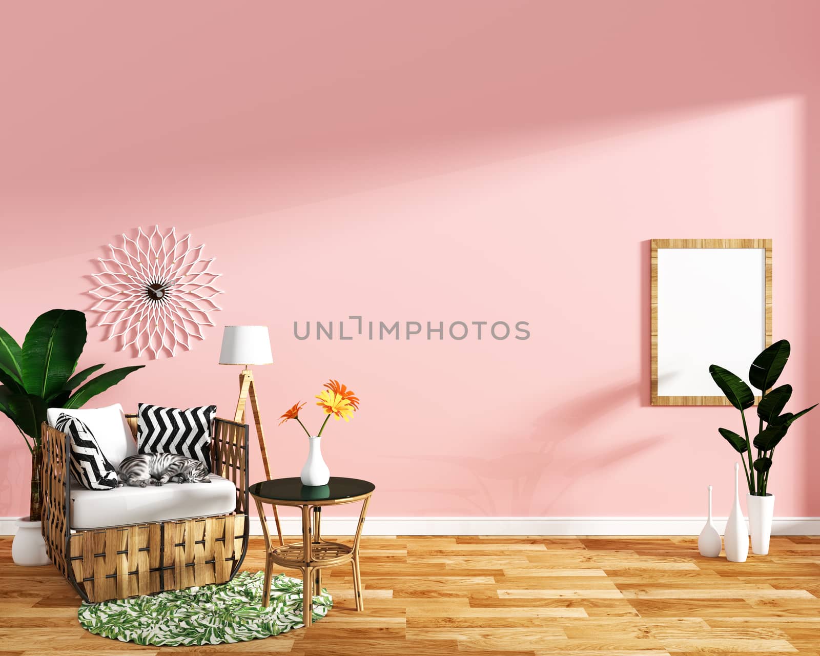 tropical design,armchair,plant,cabinet on wood floor and pink background.3 d rendering