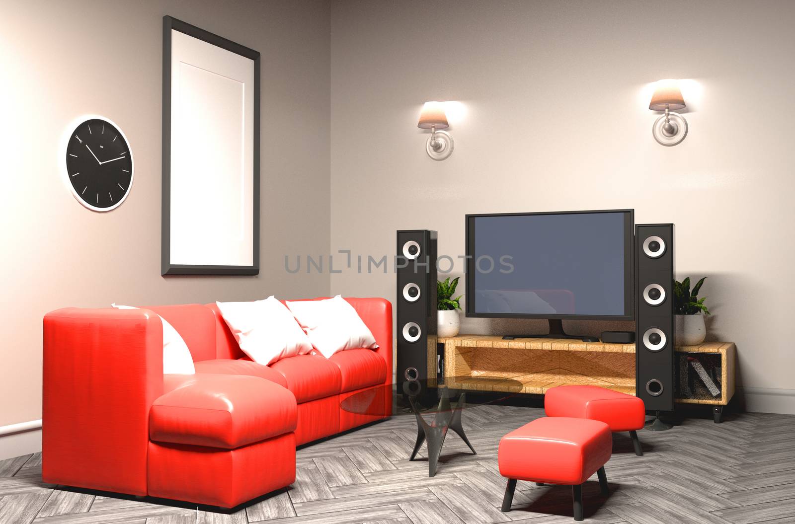 Karaoke room Modern red style with Tv and Loudspeaker. 3D render by Minny0012011@hotmail.com