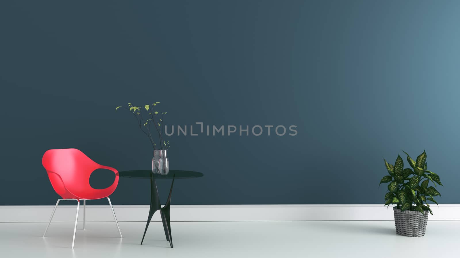 Working room with chair and table on dark wall. 3d rendering 