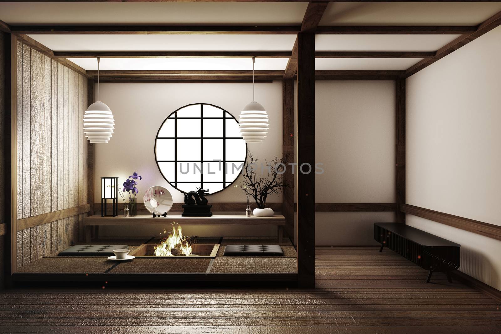 interior Japanese empty room tatami mat Designing the most beautiful. 3D rendering