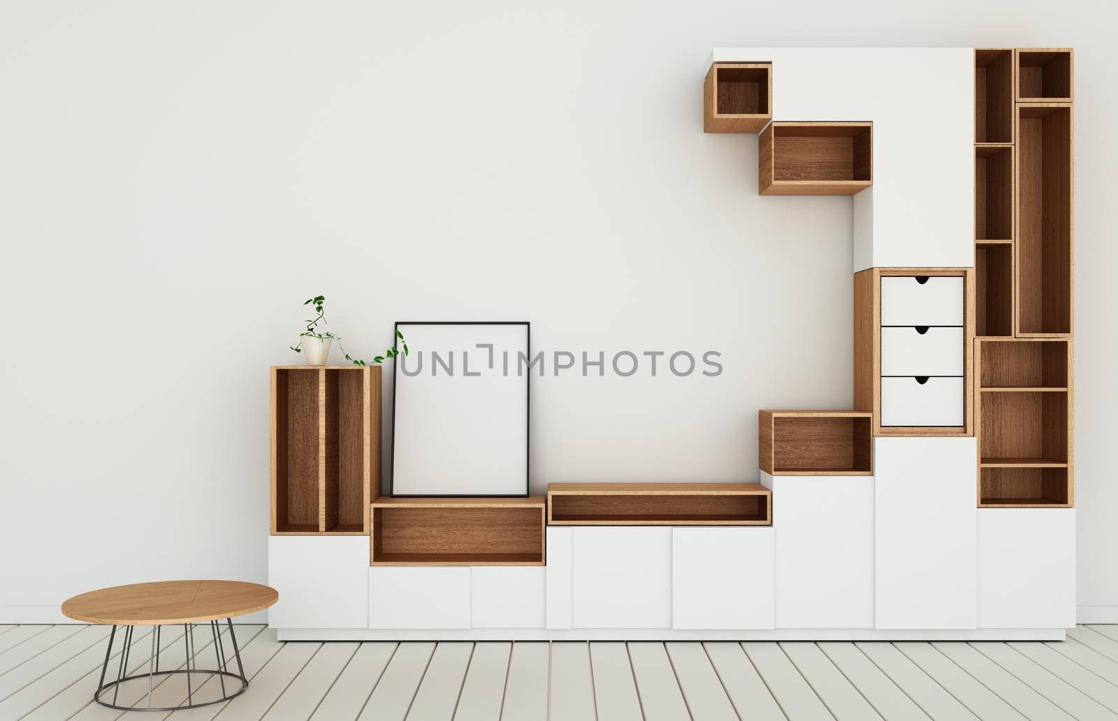 Cabinet design mockup in modern empty room,white floor wooden on white wall room japanese style.3d rendering