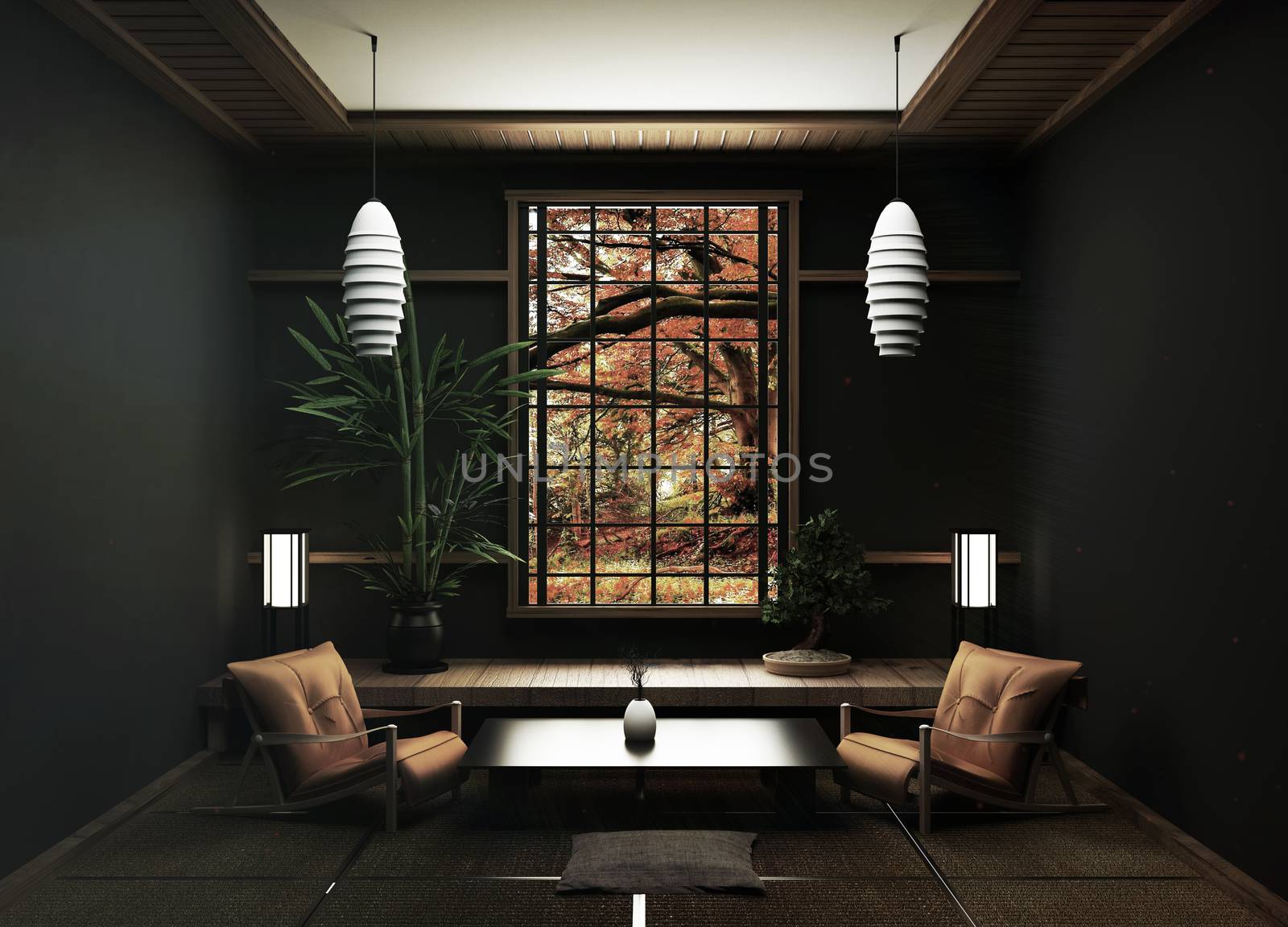 Tatami mats and window view forest trees on room japanese zen style.3D rendering