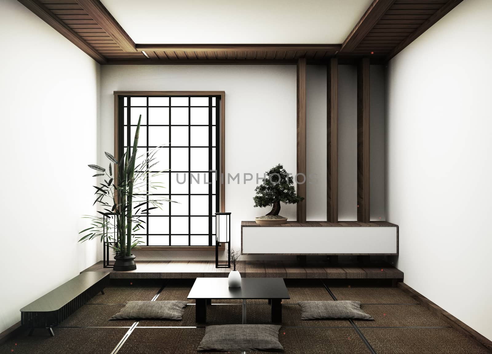 interior design,modern empty living room with floor tatami mat and traditional japanese.3D rendering