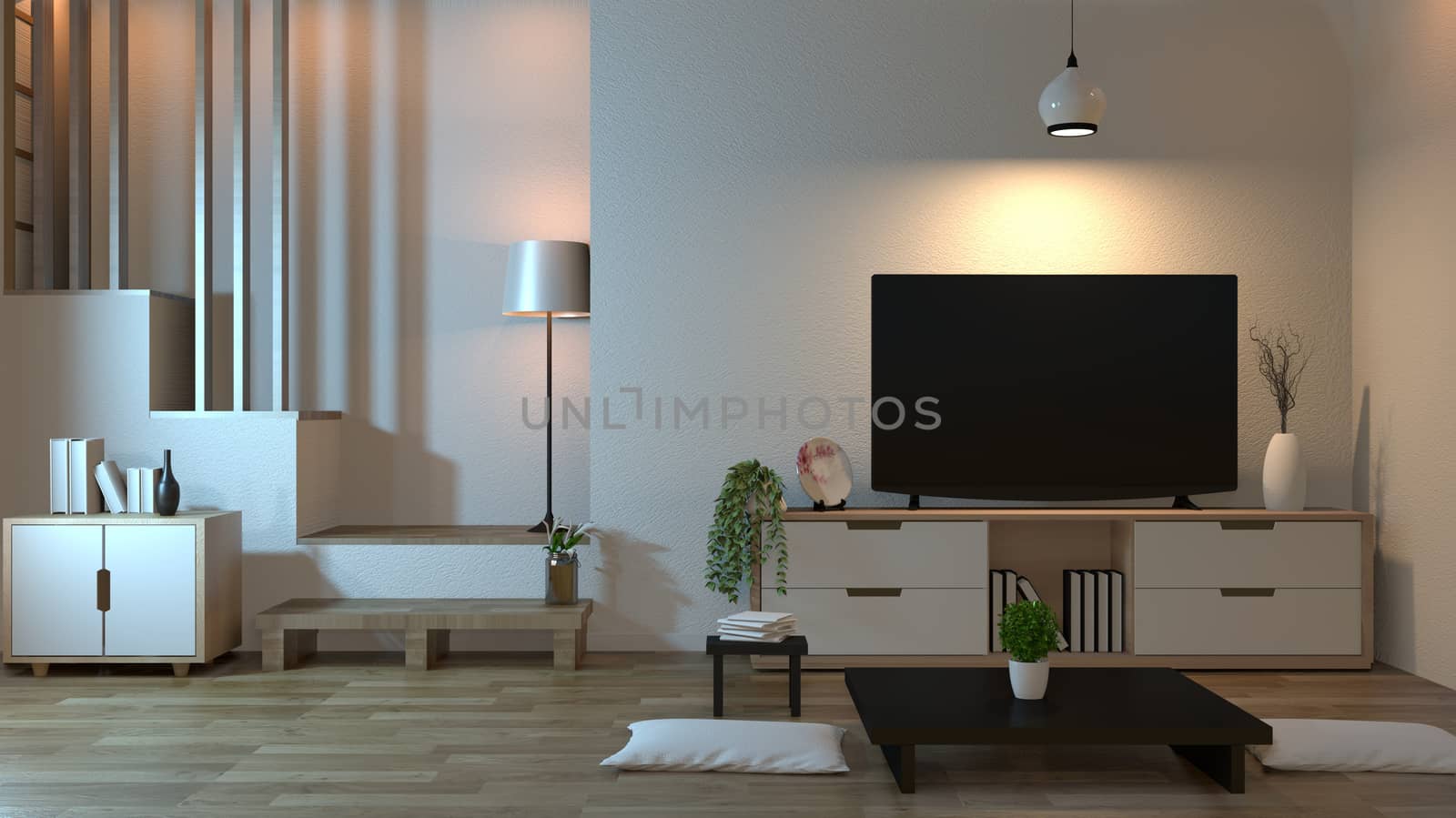 interior living room zen style with smart tv and decoration style japanese. 3D rendering