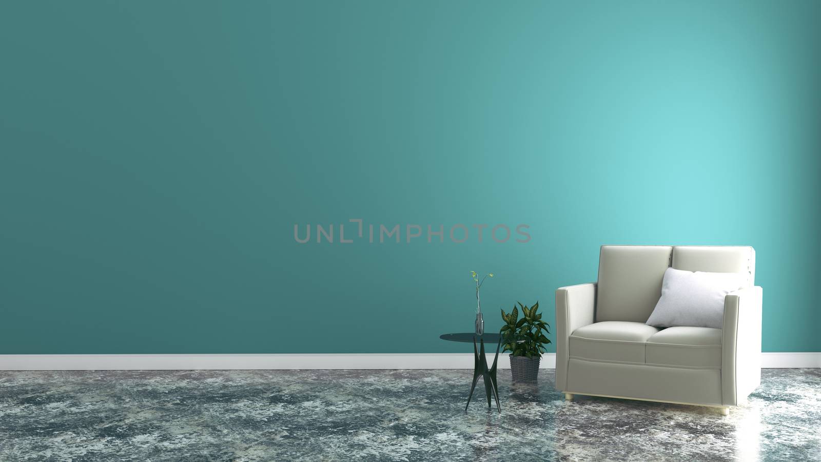 Minimalist interior design,light gray sofa with lamp on mint wall and hardwood flooring , 3d render