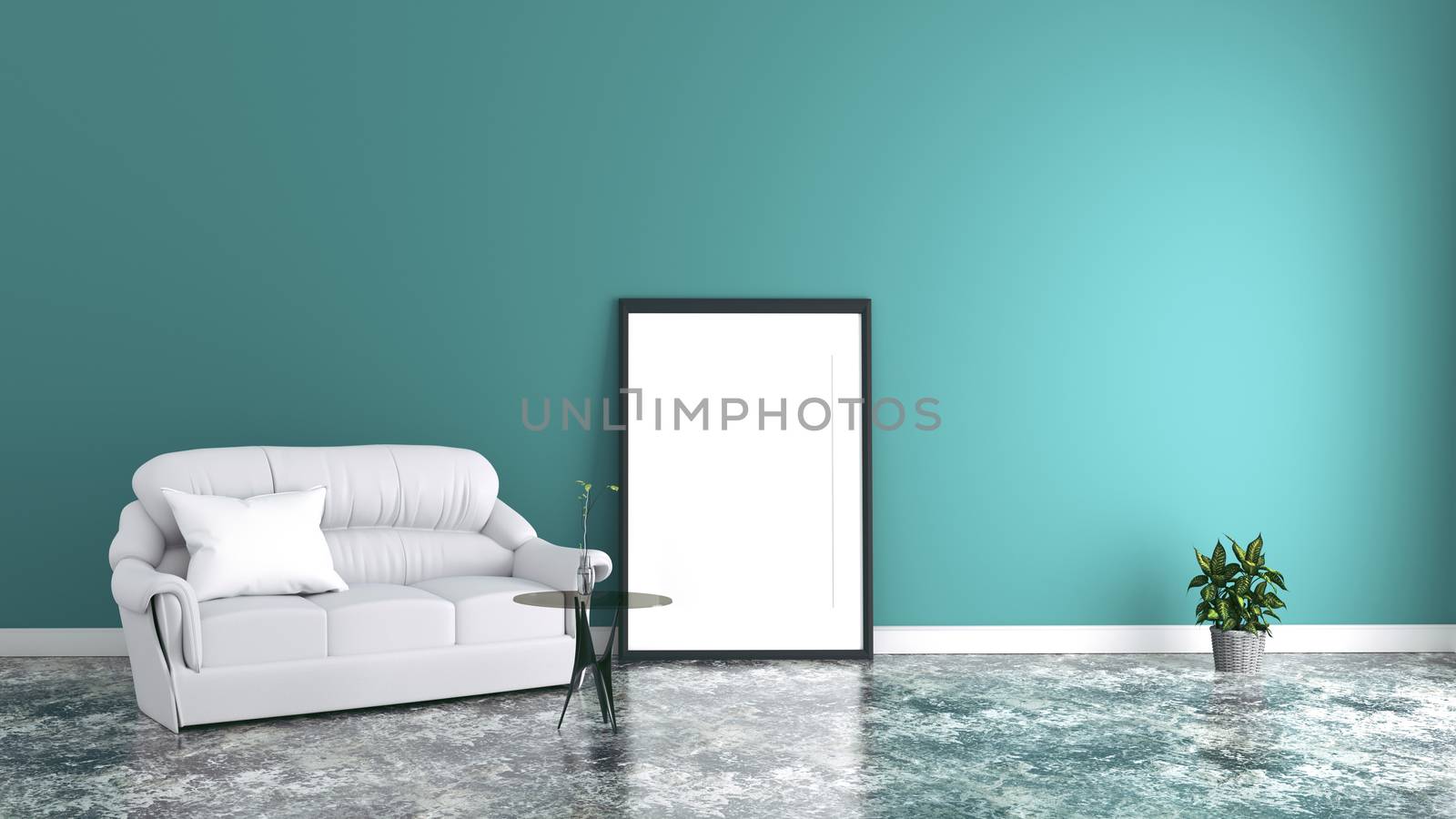 White living room interior with fabric sofa ,picture and plants on empty mint wall background. 3d rendering