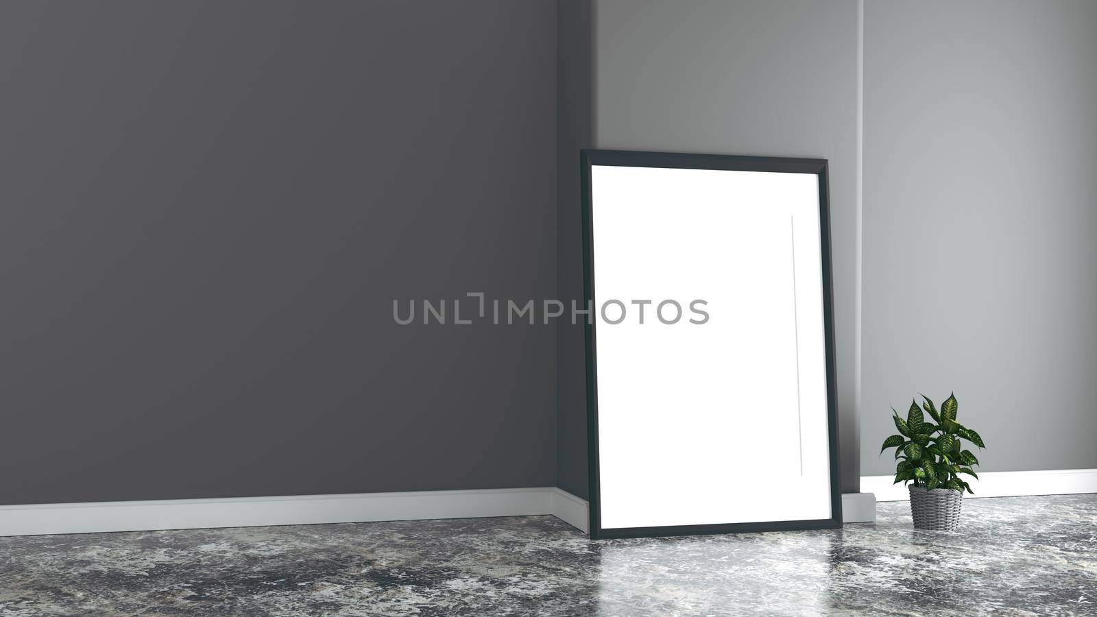 Empty room with picture and plants, dark wall,3D rendering